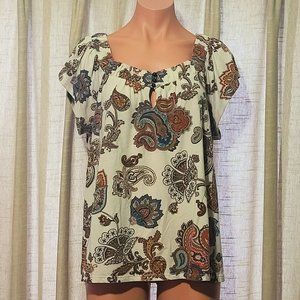Cato Woman Jersey Paisley Peasant Top, Bohemian, Accented Neckline, Size 18/20W
